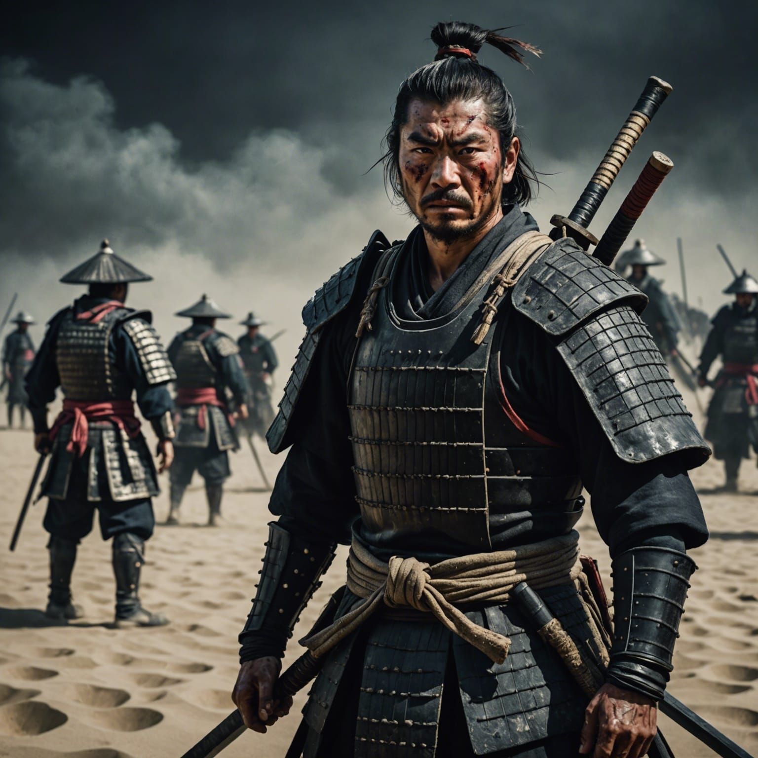 Hyperrealistic Samurai After Battle in Darkness