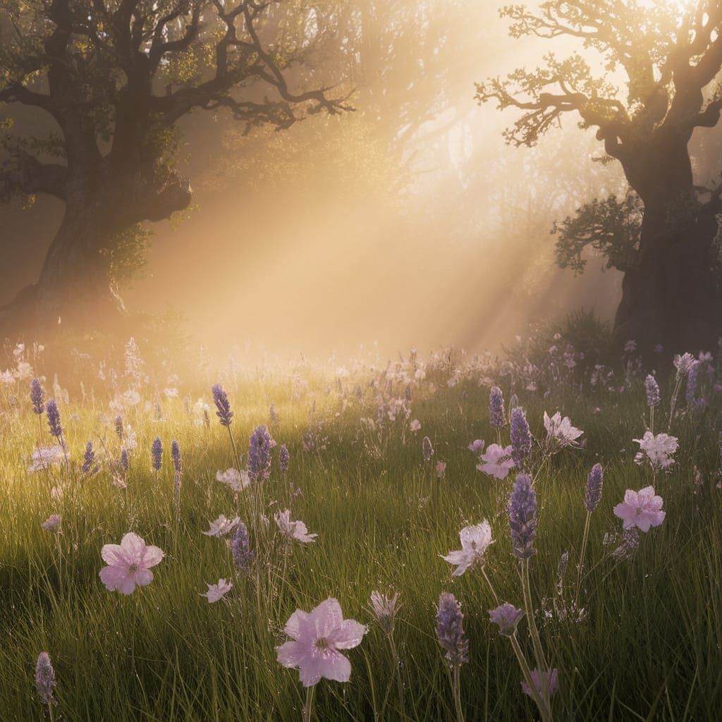 Ethereal Fantasy Landscape with Golden Sunlight and Wildflow...