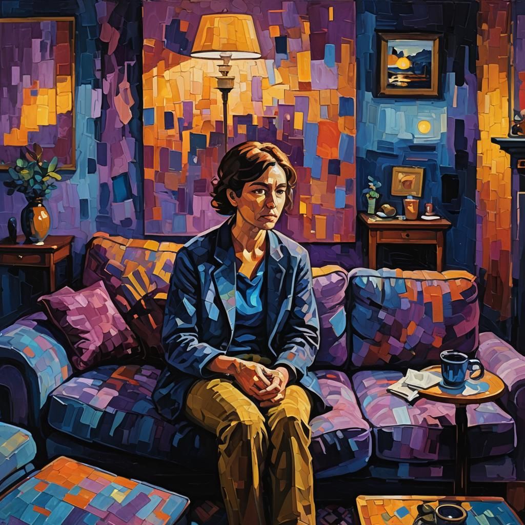 Nighttime Living Room Scene in Neo-Impressionist Style