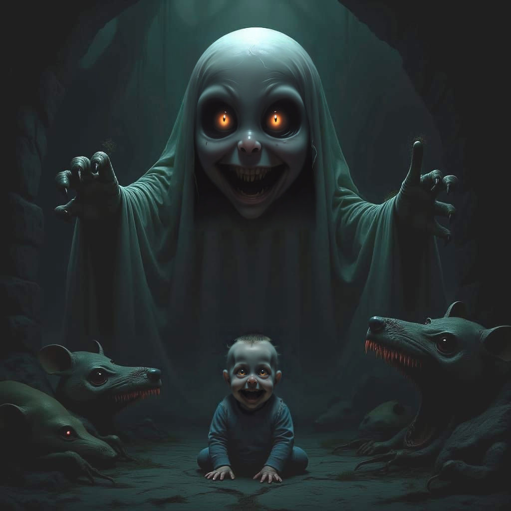 Evil Ghost Encounters Creepy Baby in Dark Dungeon