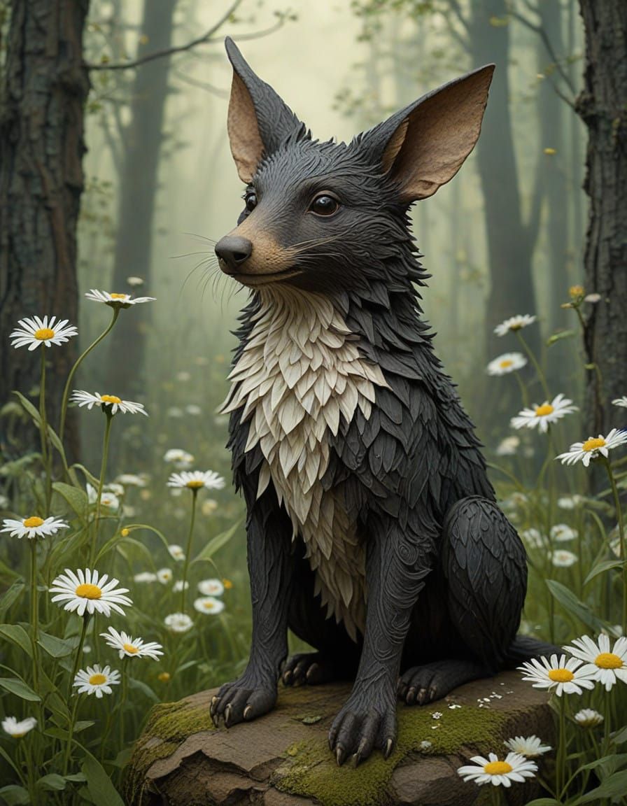 Exquisite Ebony Ivory Totem Pole in Whimsical Forest Setting