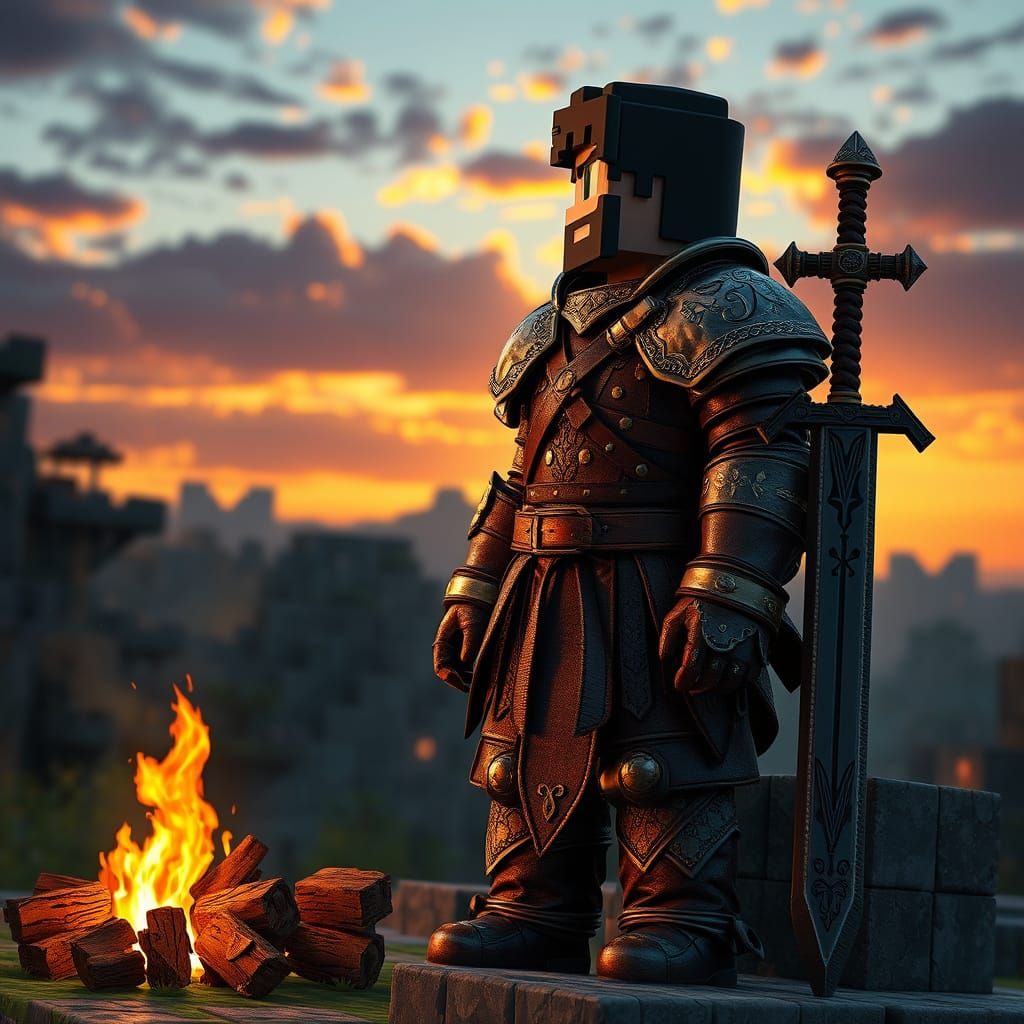 Brave Adventurer Stands Tall in Blocky Minecraft Landscape