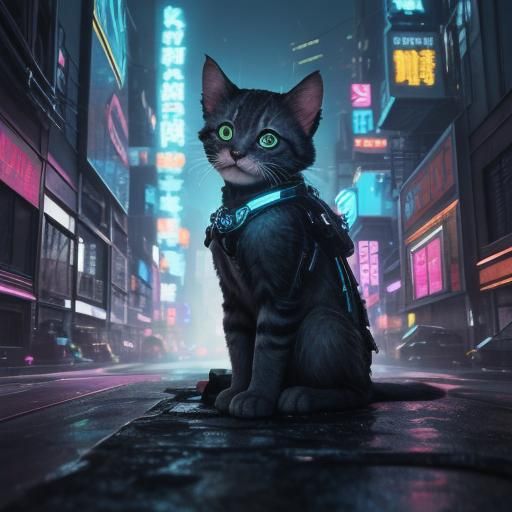 Mecha Kitten Lost in Cyberpunk Cityscape