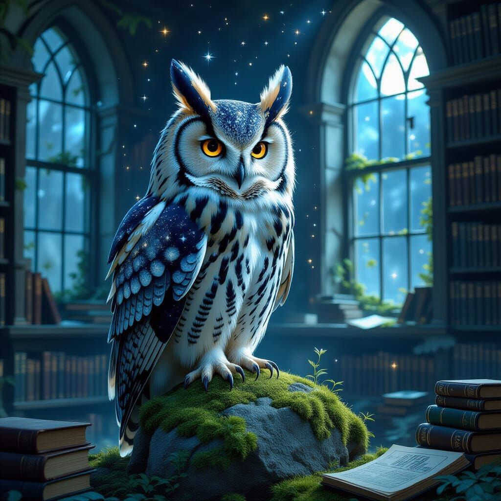 Celestial Owl Perched Atop Stone Library