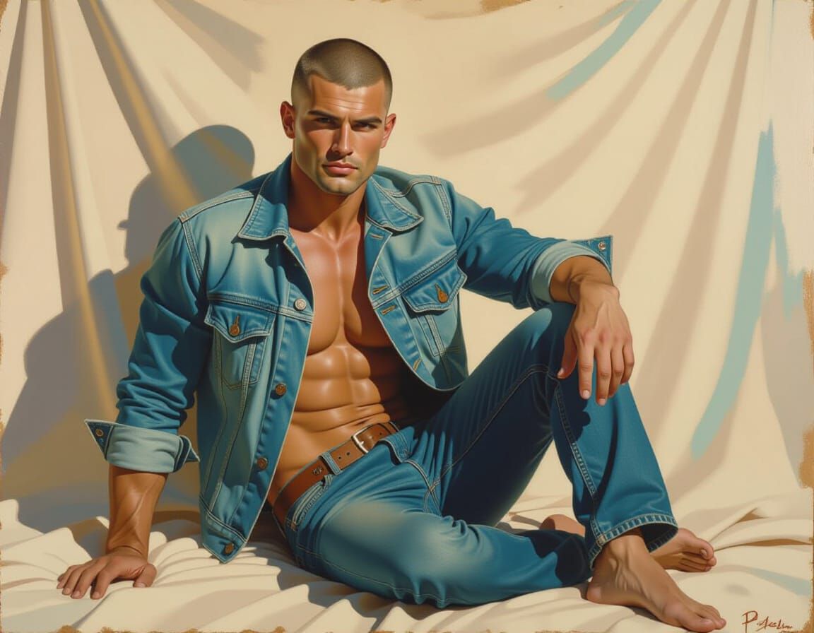 Muscular Man Posing Confidently in Realistic Oil Portrait