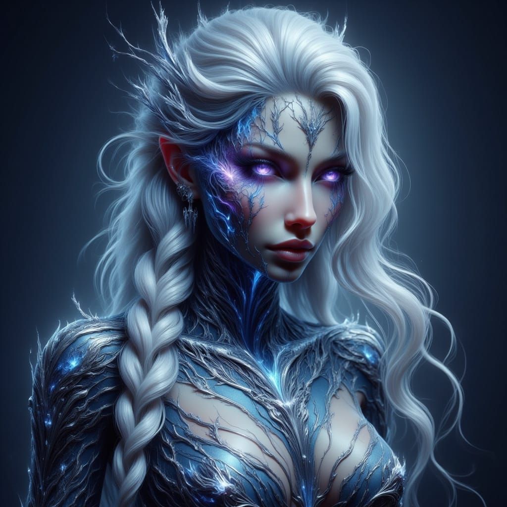 Drow Woman in Ornate Armor with Blue Skin and White Hair