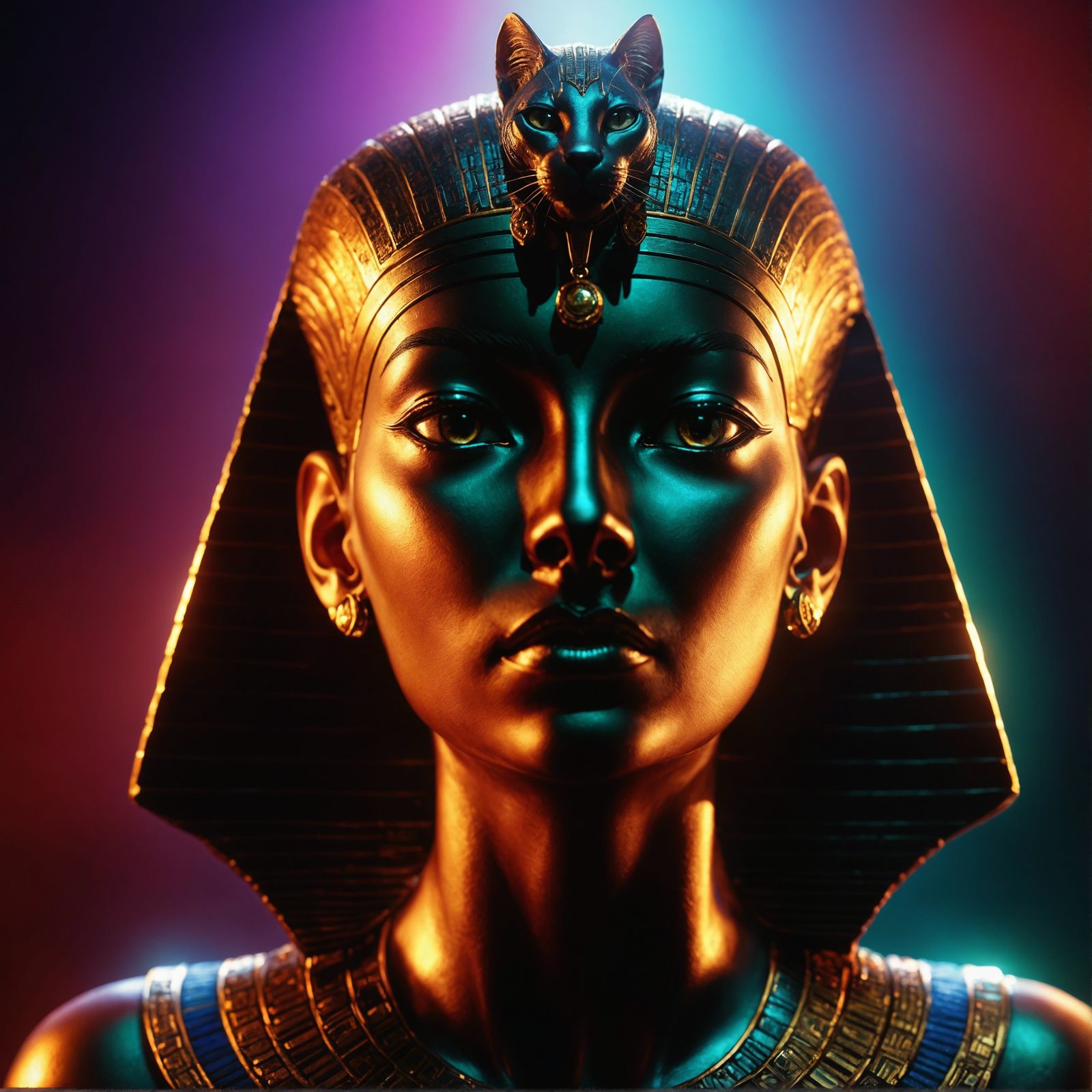 In a stunning display of artistic mastery, the goddess Bastet is brought to life in hyper-realistic detail, her form int...