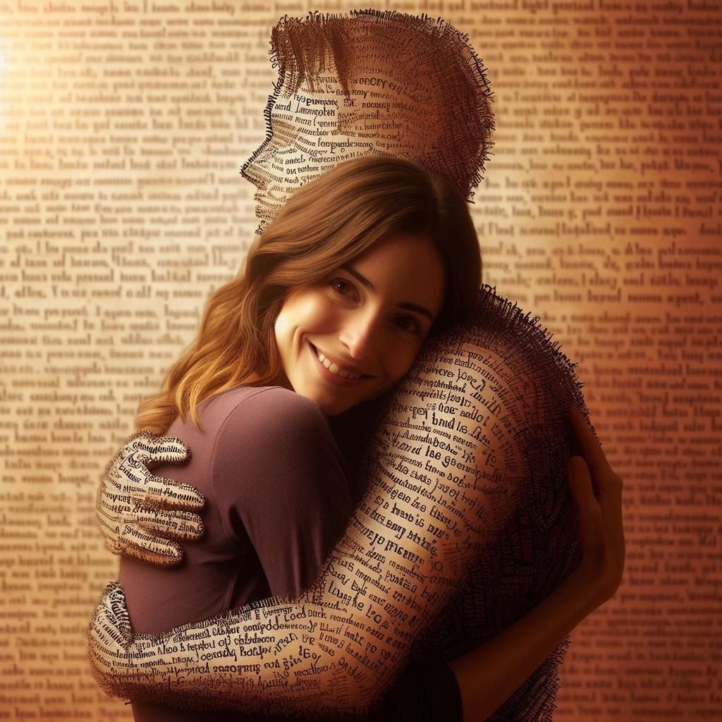 Woman Embracing Living Text in a Cozy Scene