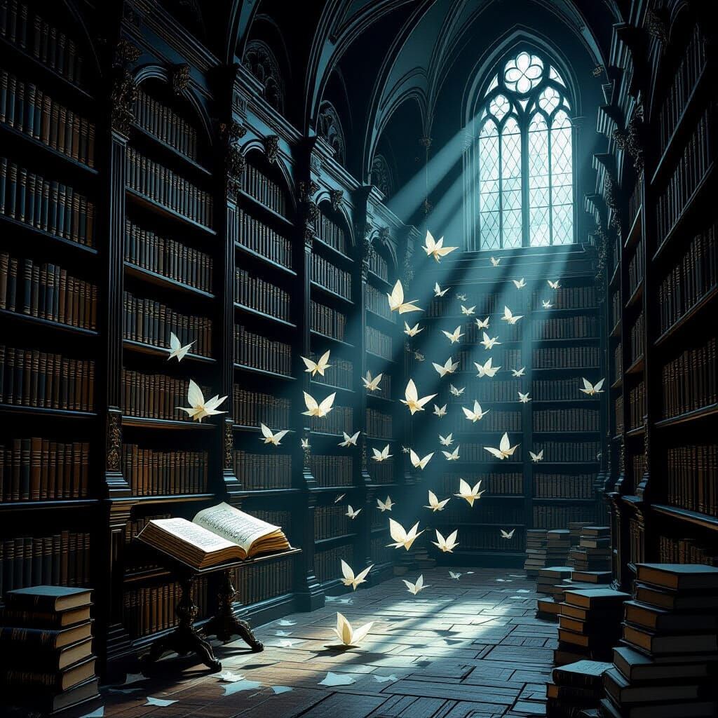 Forgotten Library with Paper Bird Pages in Dim Light