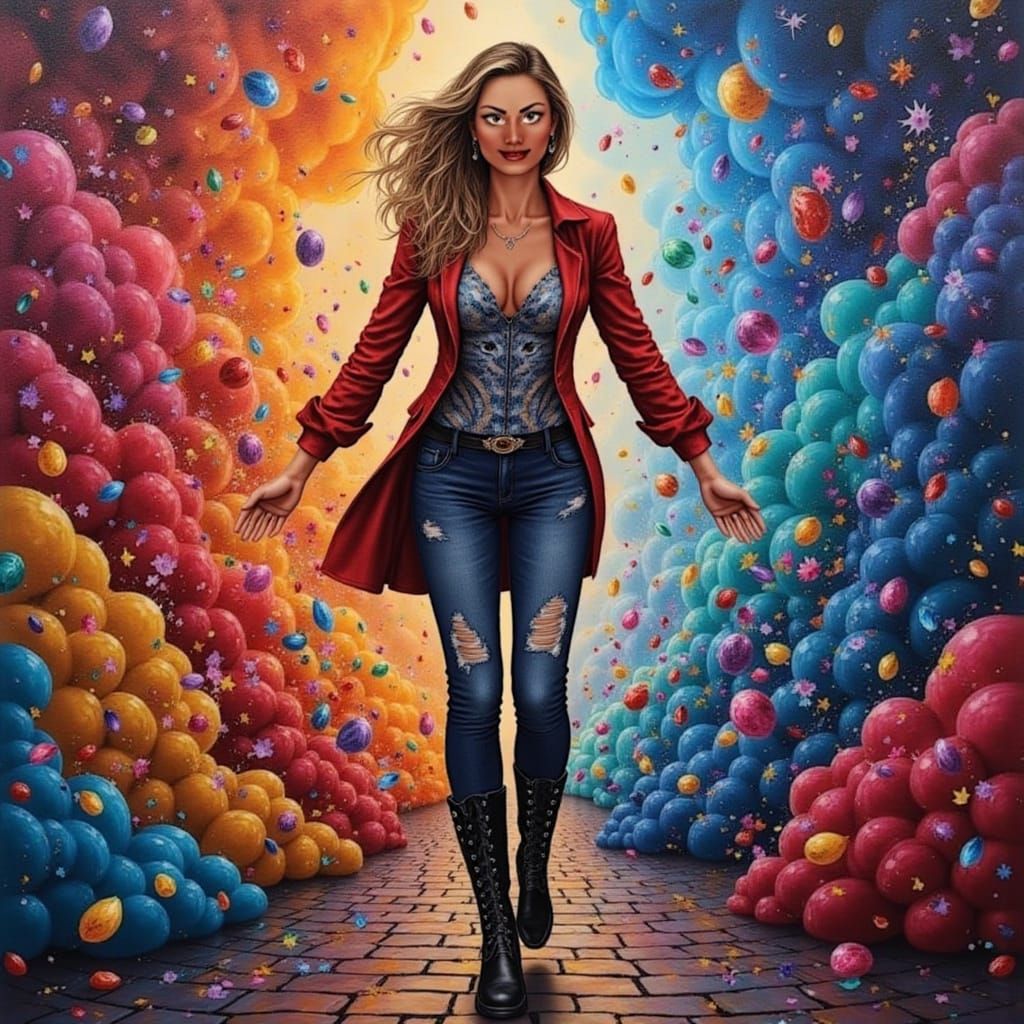 Woman Standing by Time Travel Machine in Vibrant Graffiti Ar...