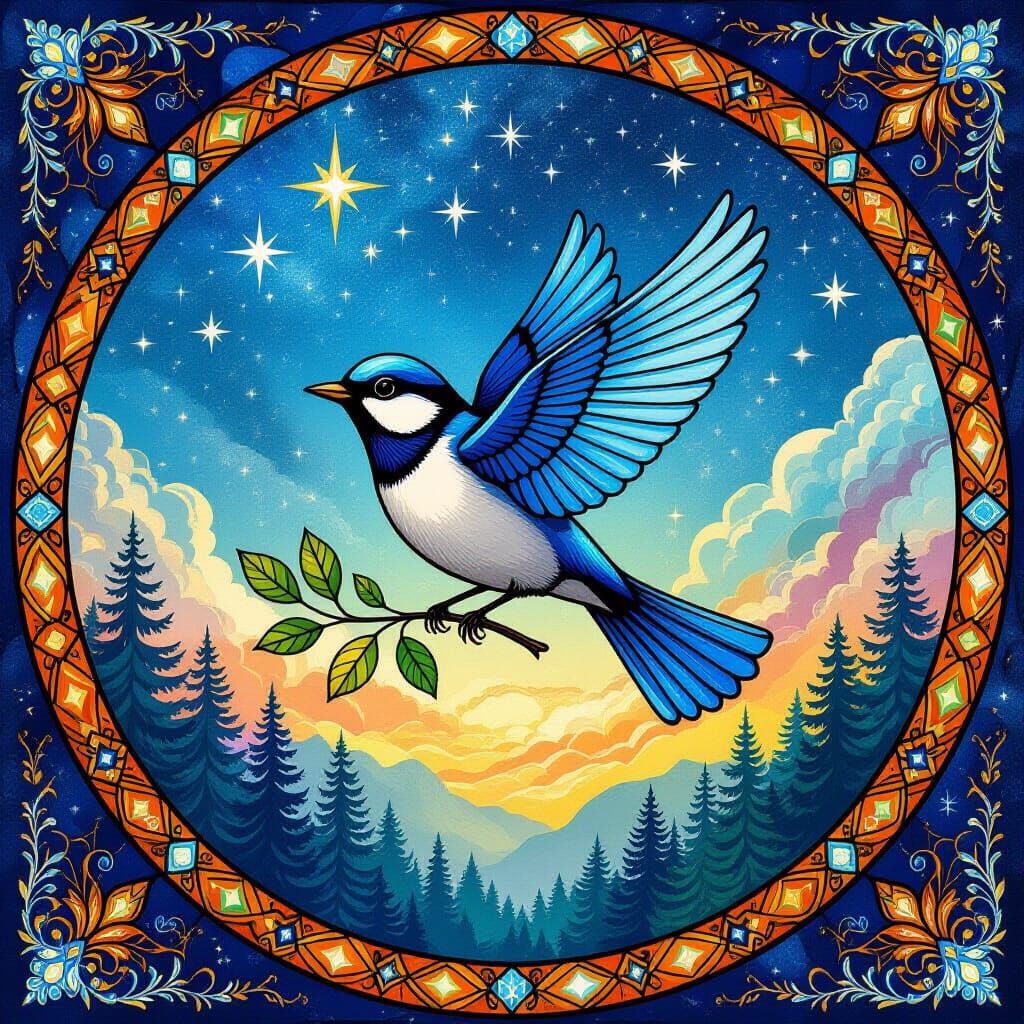 Blue Bird in Cosmic Sky with Forest Below