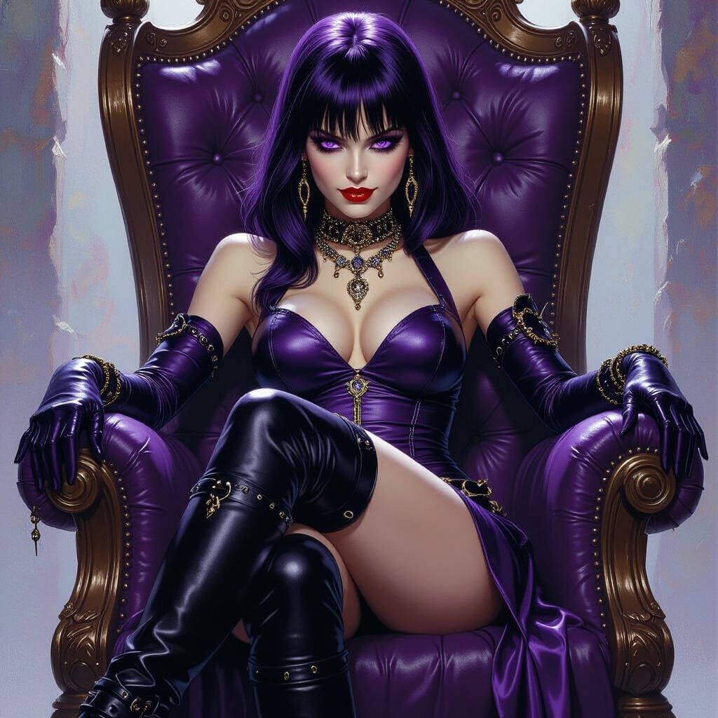 Dark Fantasy Mistress with Purple Hair on Throne