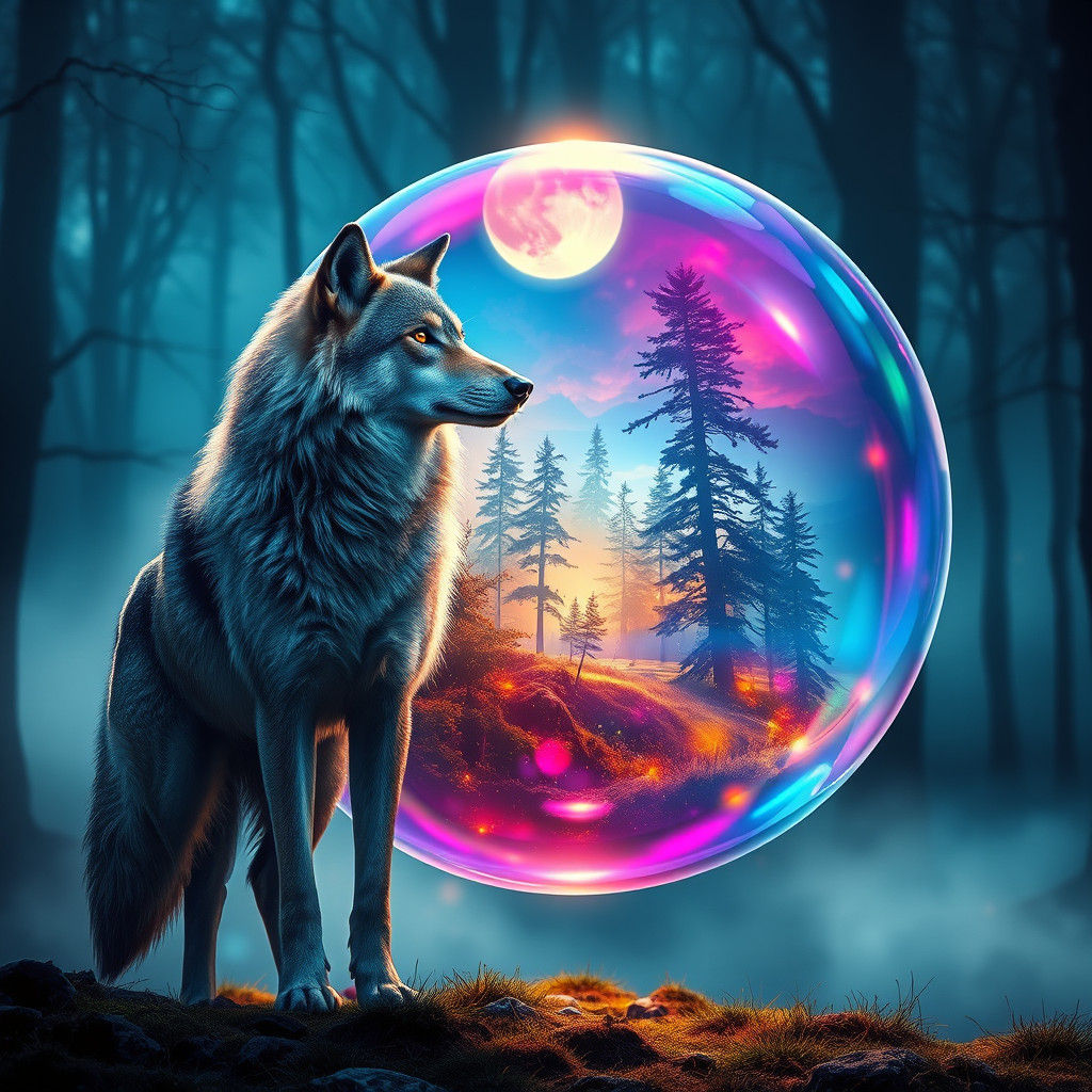 Wolf and Aurora Bubble in Mystical Forest