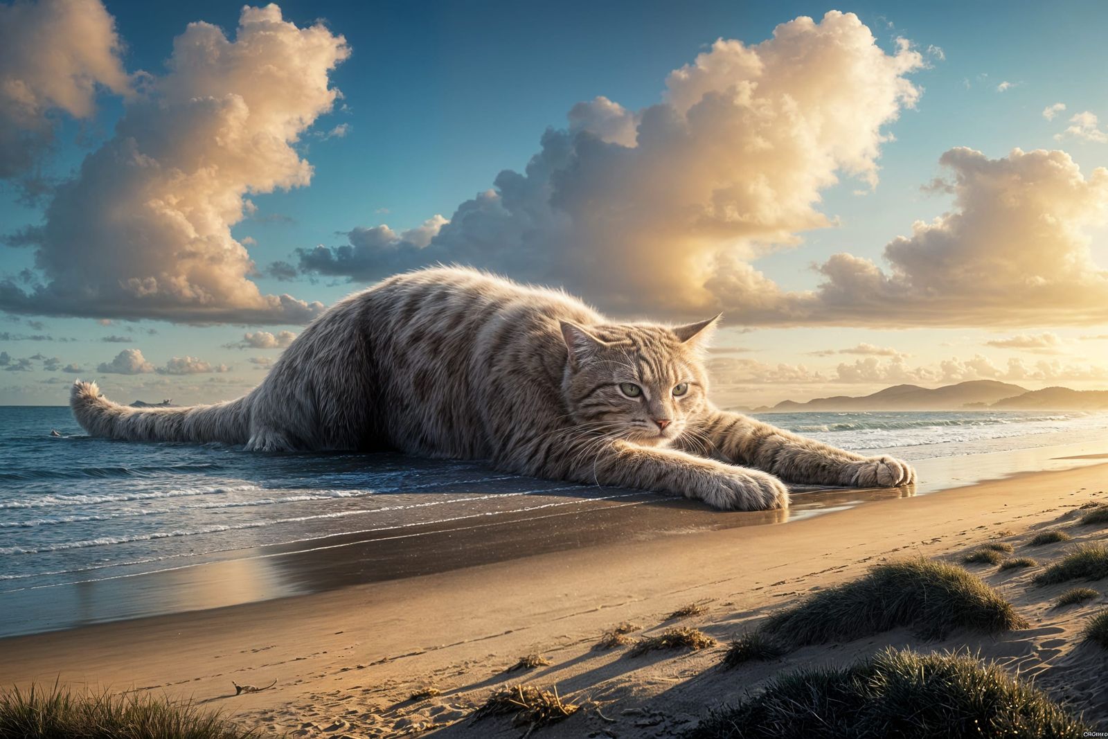Colossal Cat Dominates Pacific Rim Beach at Sunset
