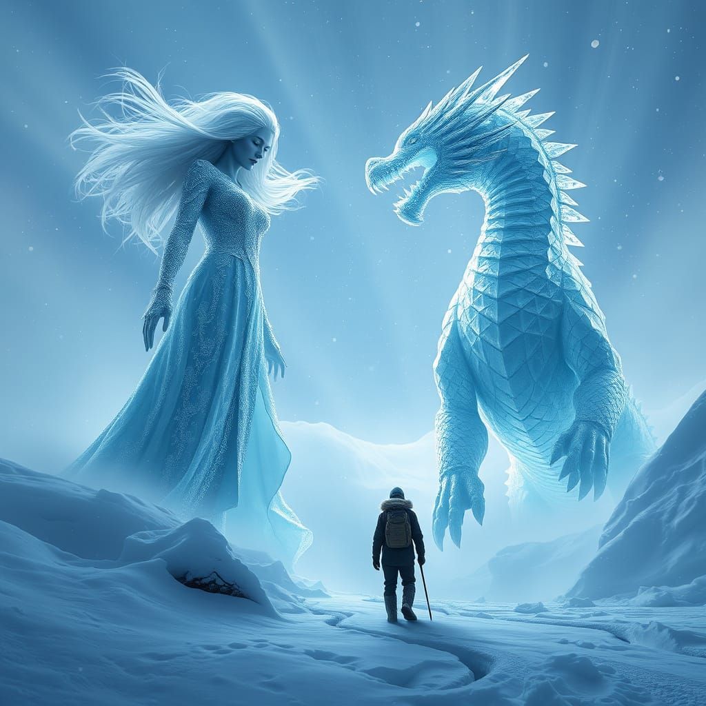 Majestic Winter Goddess and Crystal Dragon in Icy Blizzard