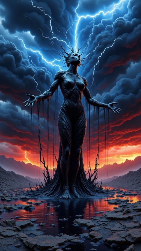 Emergence of a Liquid Obsidian Figure in Apocalyptic Storm