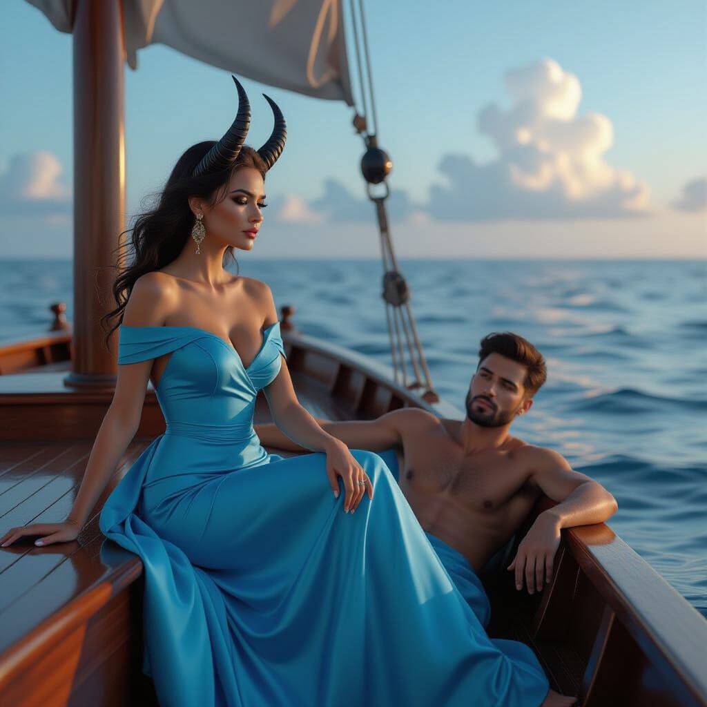 Elegant Woman in Navy Blue Dress on Boat, Man Drowning