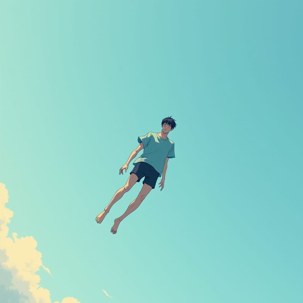 Falling Man in Anime Style Against Vast Sky