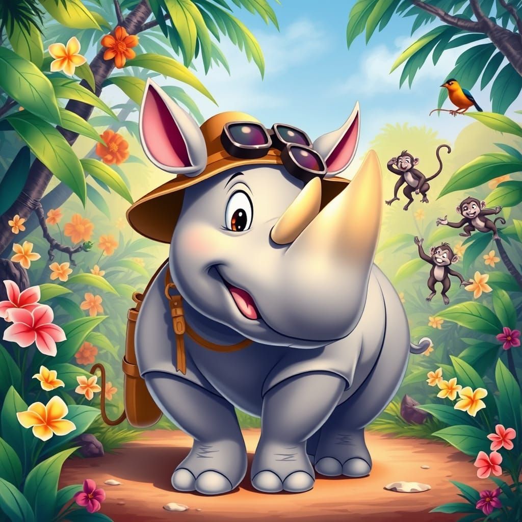 Cheerful Cartoon Rhino on Jungle Safari, Disney Style