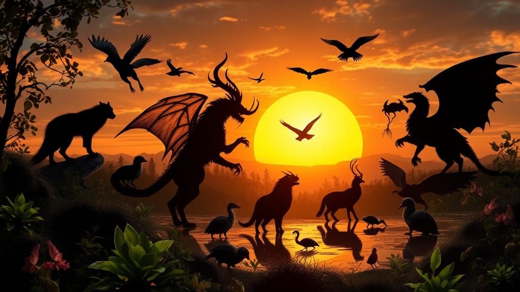 Mystical Creatures Collage at Sunset: John Howe Style