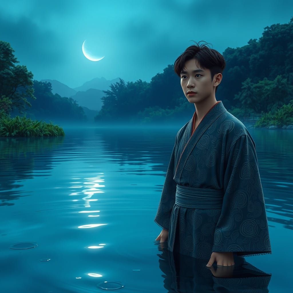 A Young Man's Wistful Reflection Under the Crescent Moon