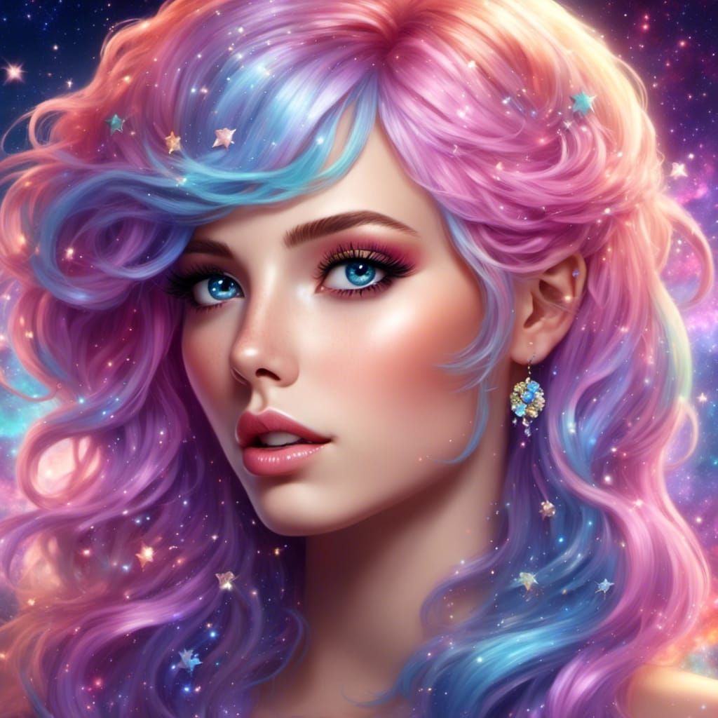 Pastel Rainbow Hair Girl with Blue Eyes