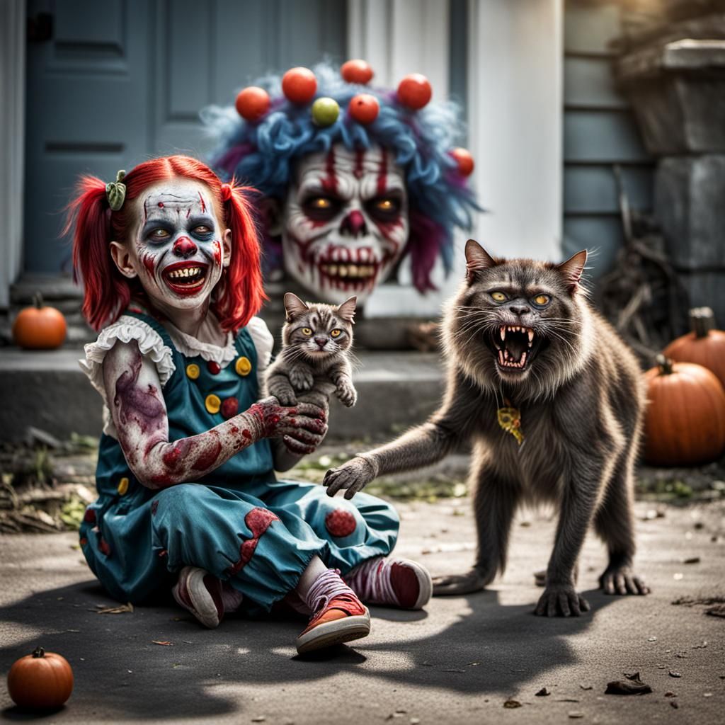 Zombie Monkey Monster Clown Girl and Pet