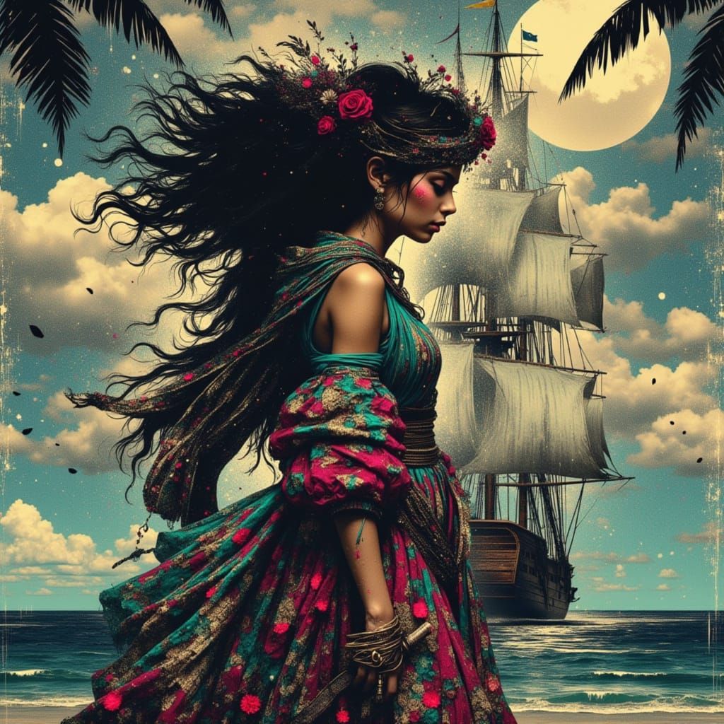Female Pirate Stranded on Island in Glitch Art Style