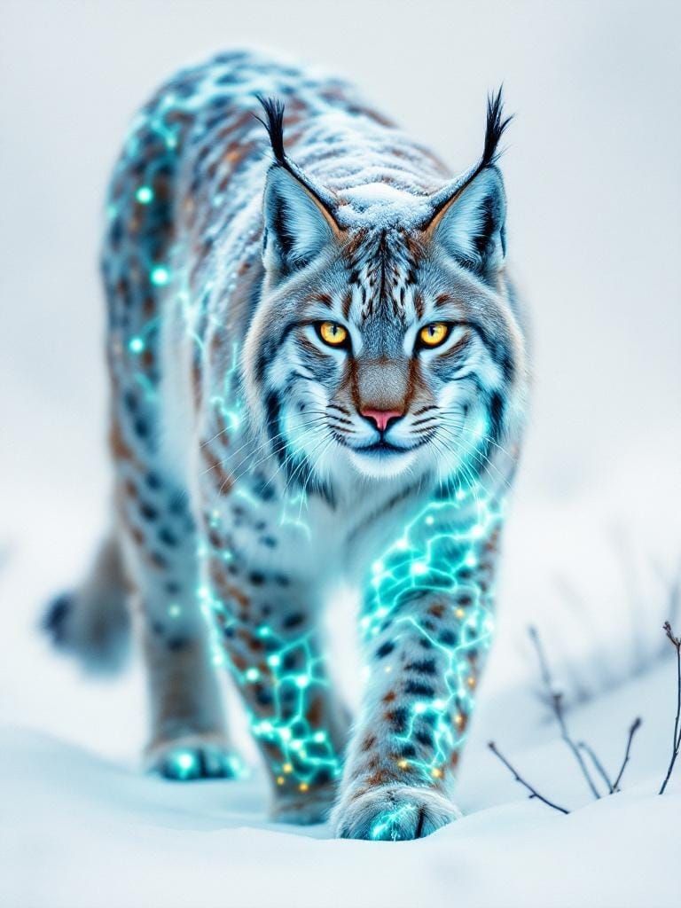 Lynx in Snow with Glowing Circuit Overlay