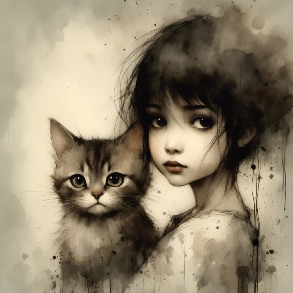 Charcoal and Ink Portrait of a Woman with Black Hair