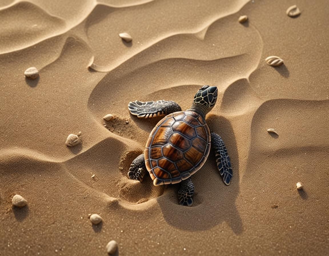 Hyperrealistic Baby Turtle Emerges on Ocean Shore