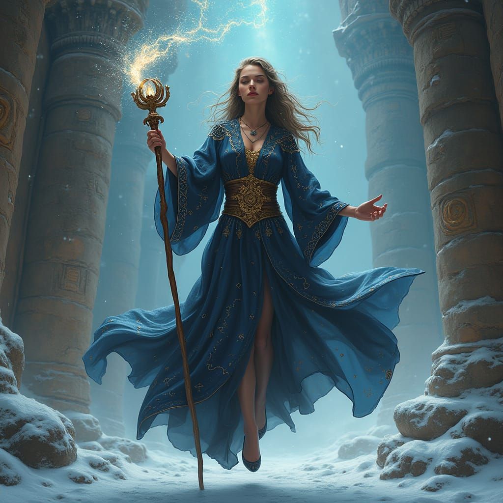 Mystical Sorceress Levitates in Snow-Covered Temple