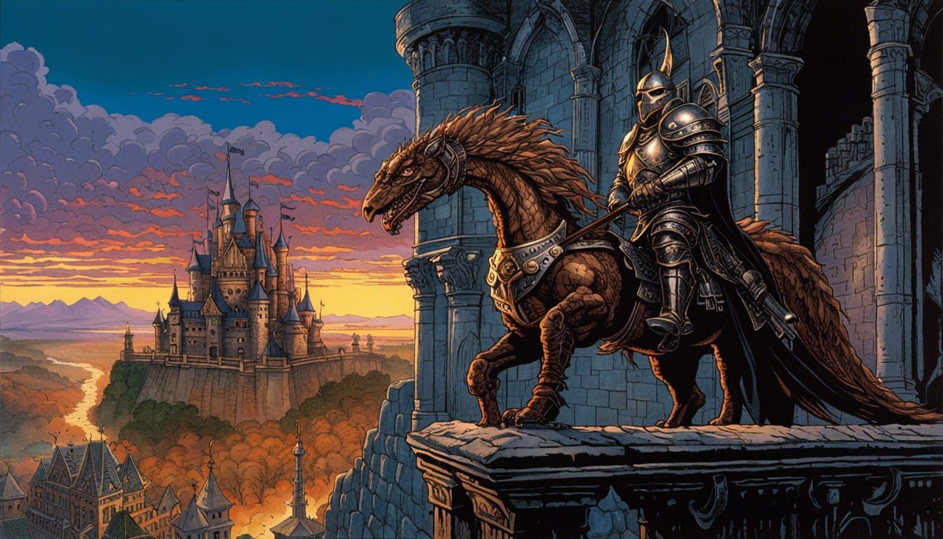 Raptorhorse Knight Guards Castle Balcony