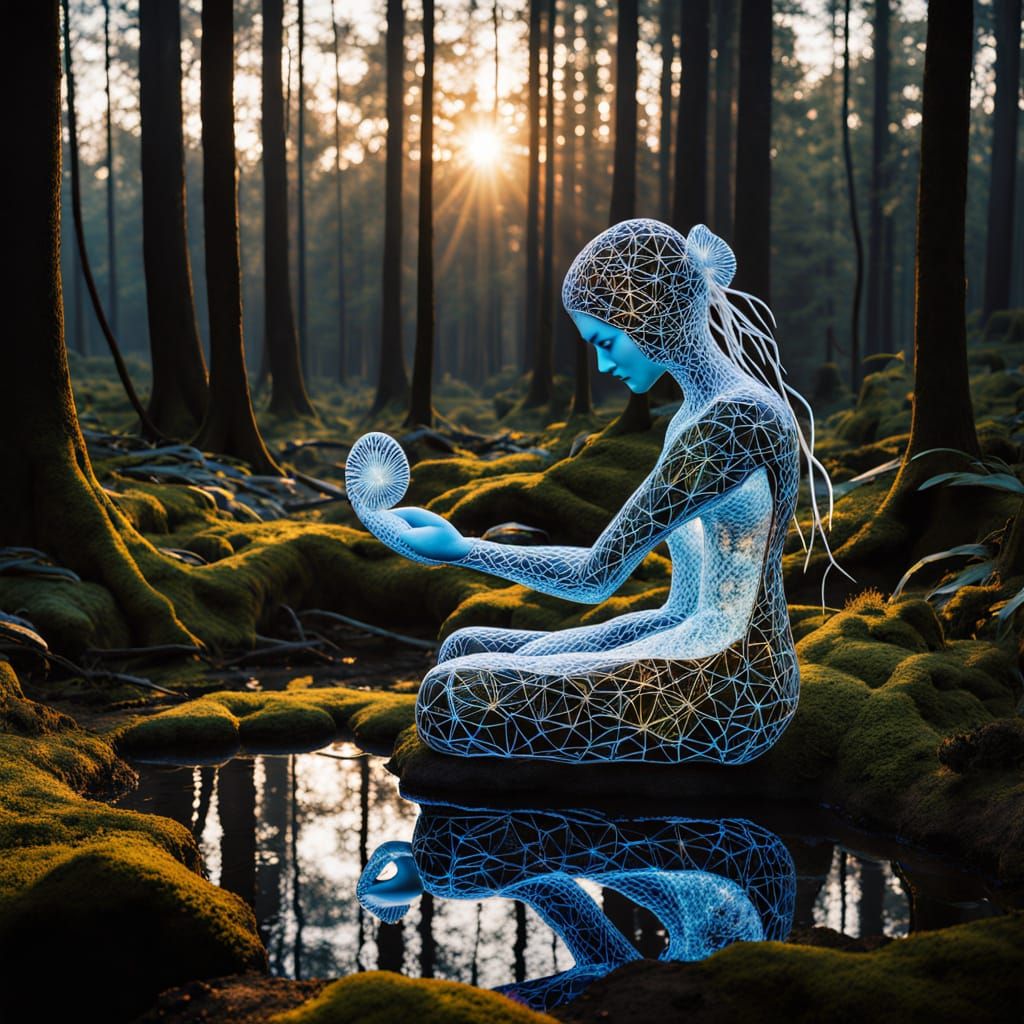 Surreal Fragmented Sculpture of Woman with Cracked Mirrors