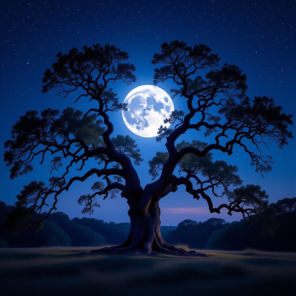 Ancient Oak Frames Luminous Full Moon in Dramatic Light