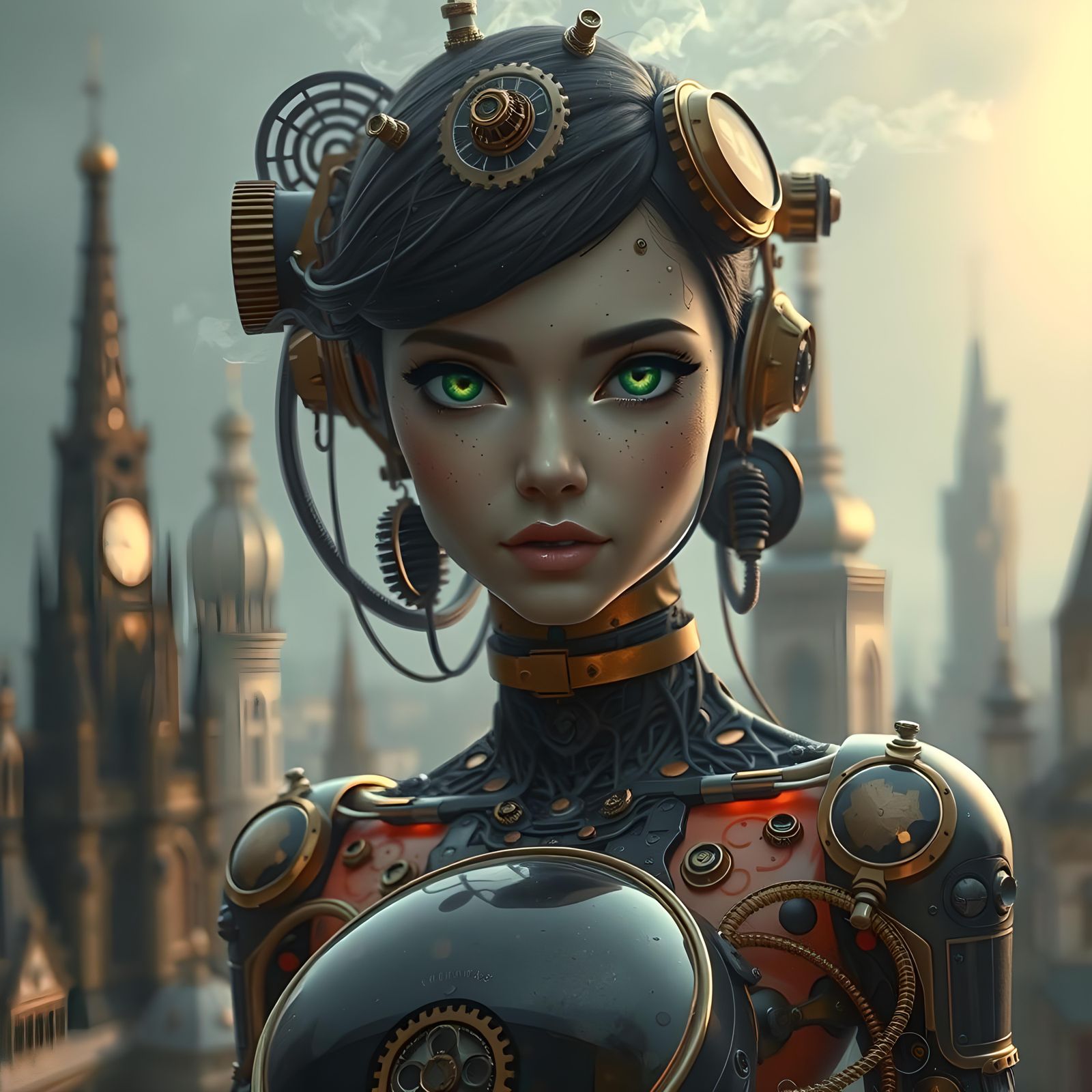 Steampunk Cyborg with Steam Hair and Visible Gears