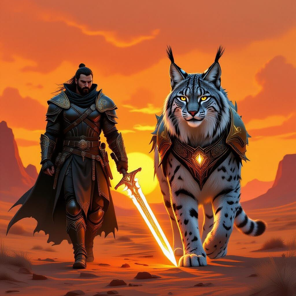 Warrior and Armored Lynx in Desolate Sunset Landscape