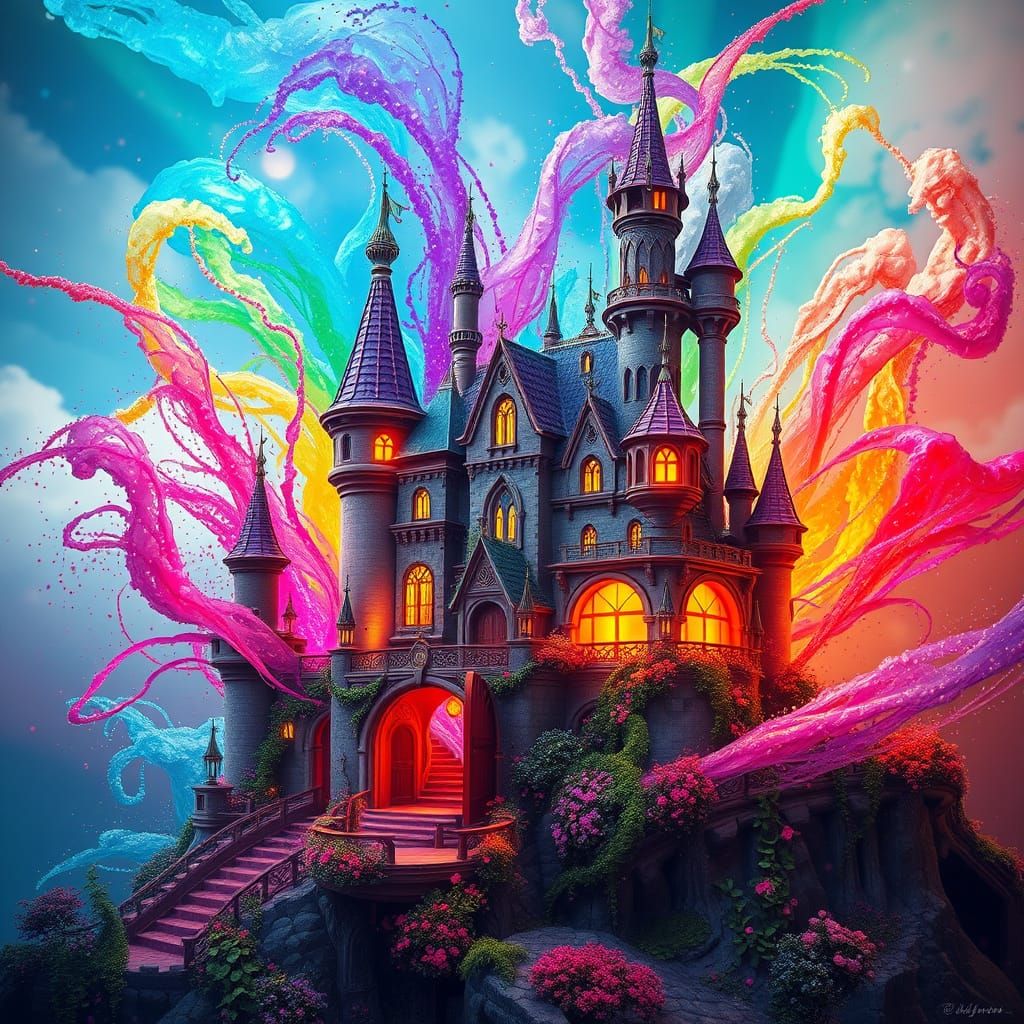 Vibrant Fairy Castle in Whimsical, Detailed Matte Painting S...