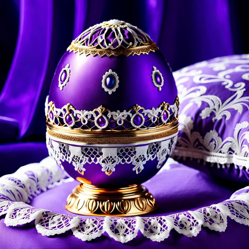Ornate Faberge Egg on Purple Satin Pillow