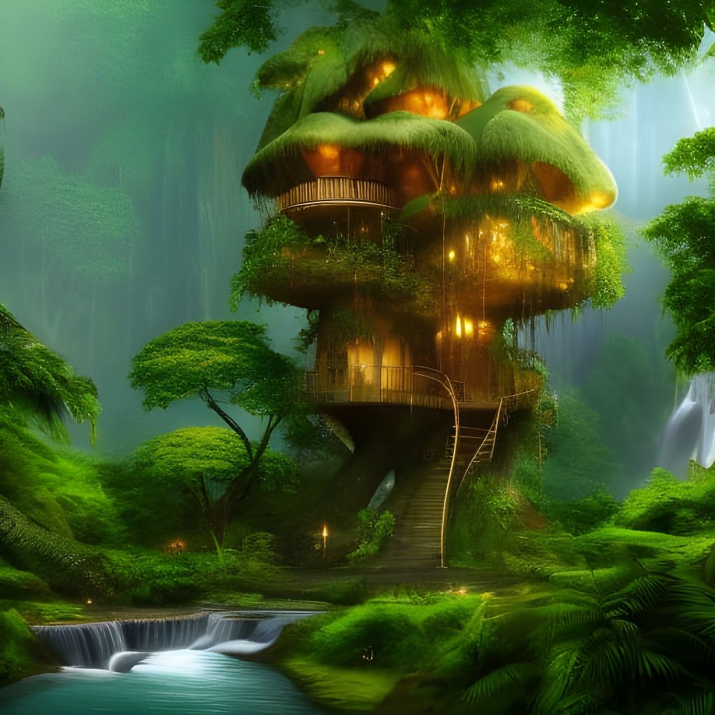Lush Jungle Treehouse with Waterfall in 8k