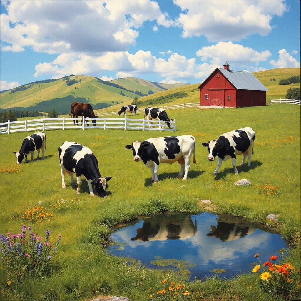 Cows Grazing in Meadow, Oil Painting Style