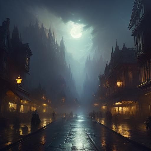 Dark Fantasy Village at Night: Digital Art