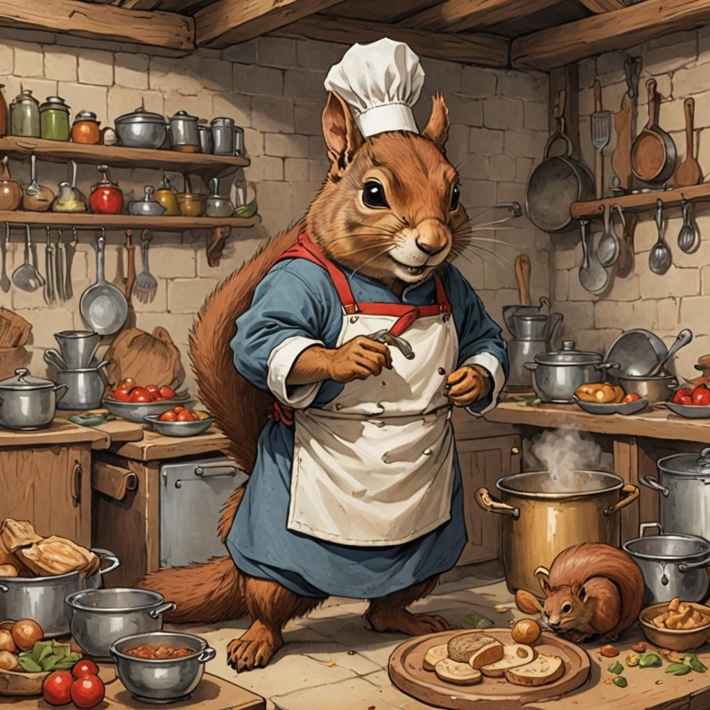 Squirrel Chef in Medieval Kitchen, Redwall Style