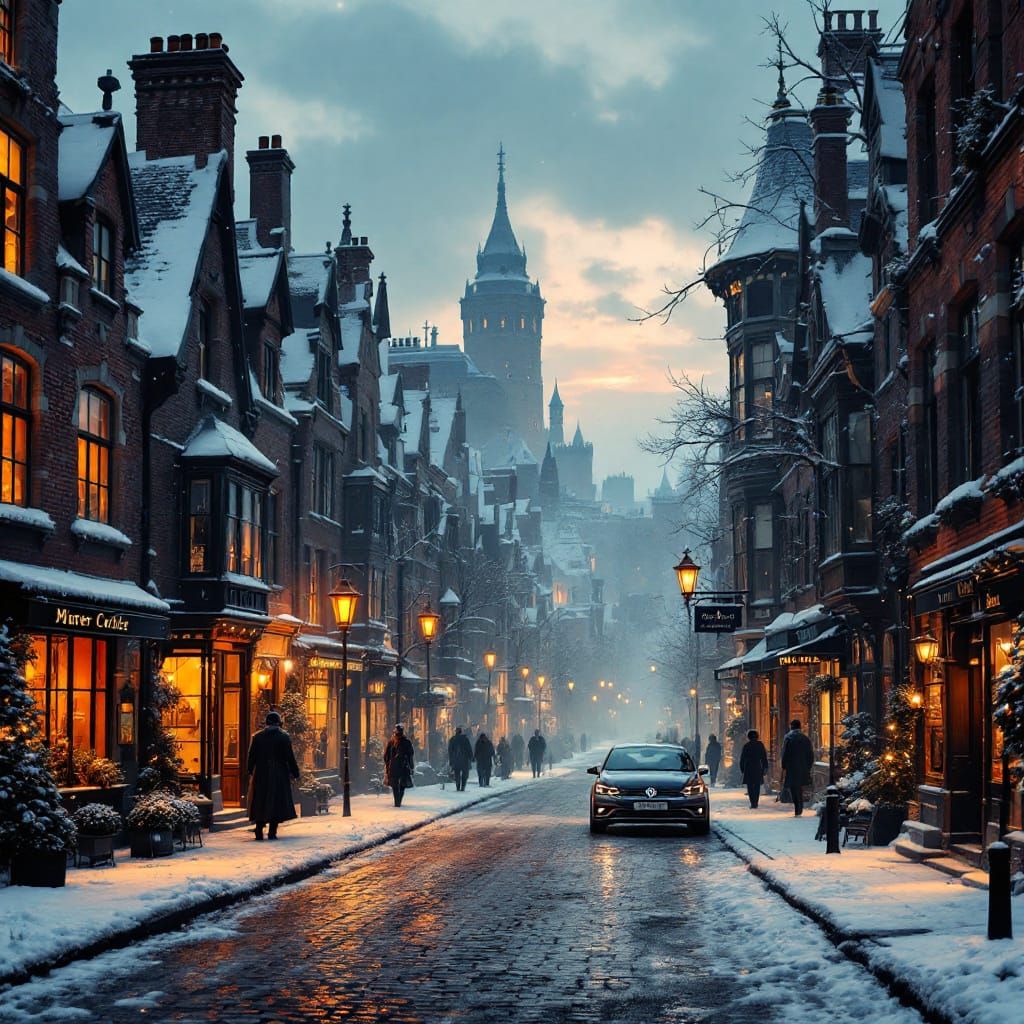 Winter Alley at Dusk with Victorian Buildings and Castle