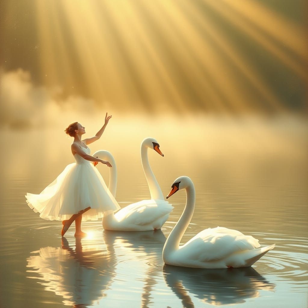 Ethereal Ballerinas Dance Amidst Celestial Swan Scene