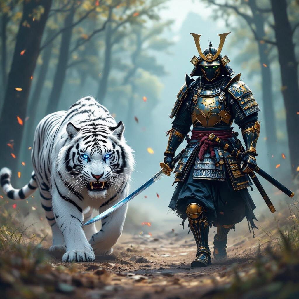 Samurai with Tiger in Cyberpunk Forest Battle
