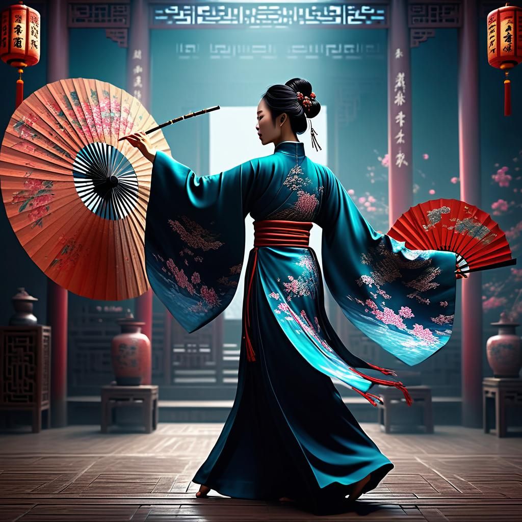 Chinese Fan Dancer in Dramatic Digital Painting