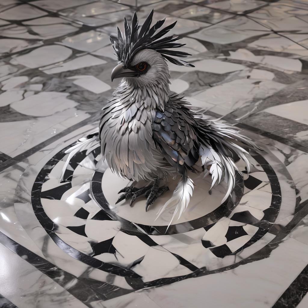Iridescent Metallic Feathered Creature on Checkered Floor