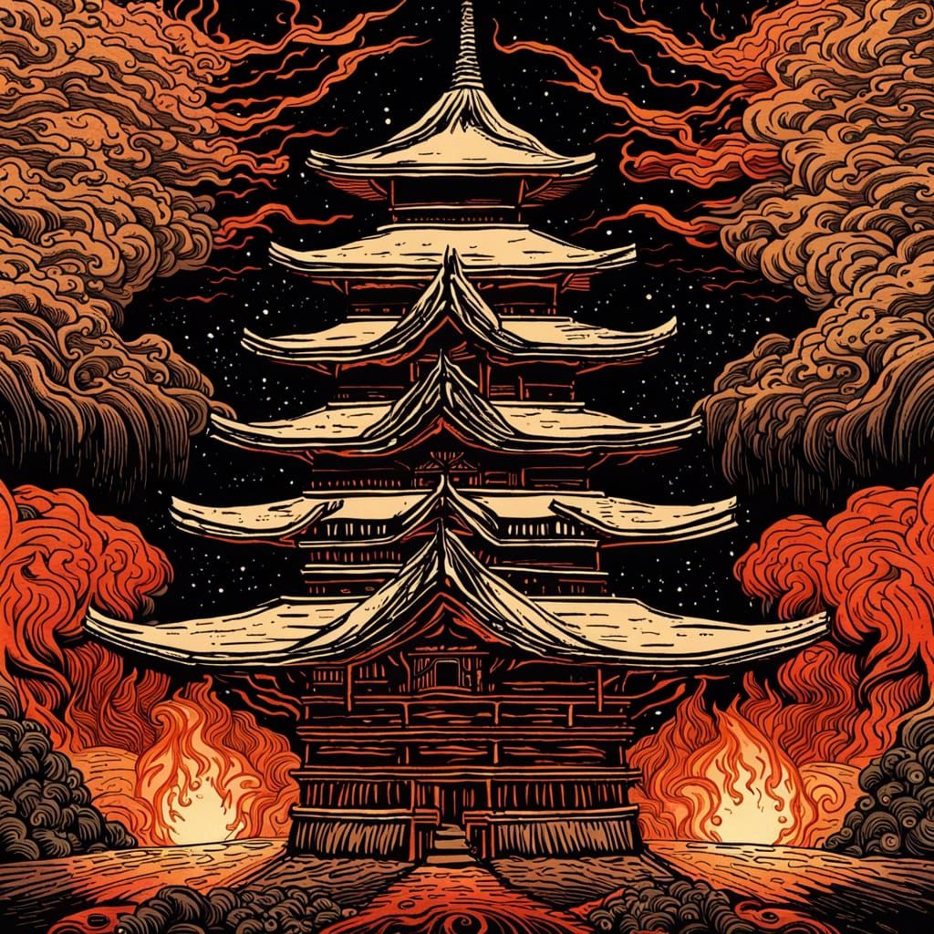 Japanese Woodblock Print: Pagoda Eye of Sauron