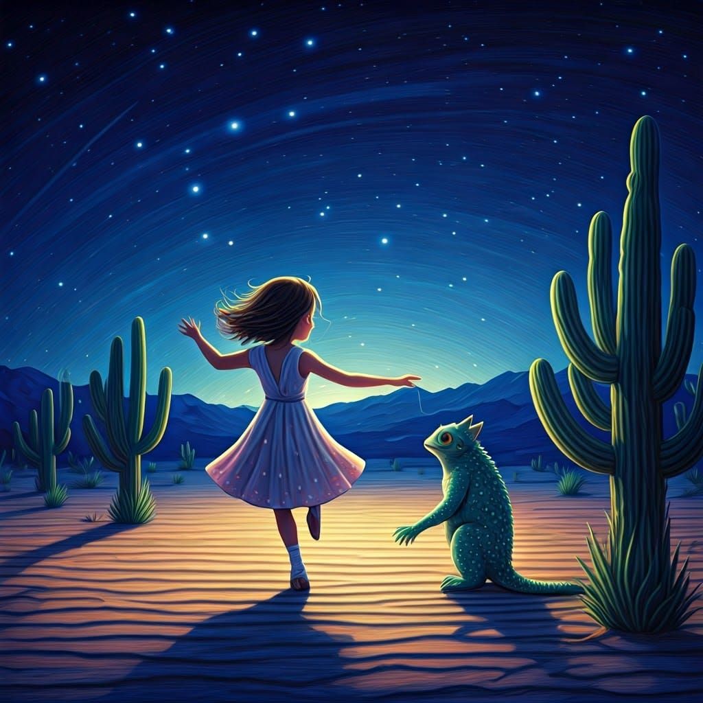 Girl and Lizard Dancing in Desert Folk Art